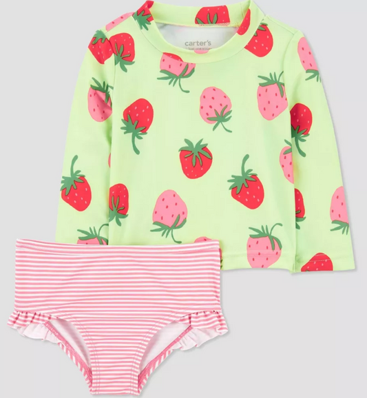 Carter's Just One You®️ Baby Girls' Long Sleeve Strawberry Printed Rash Guard Set - Light Green/Pink